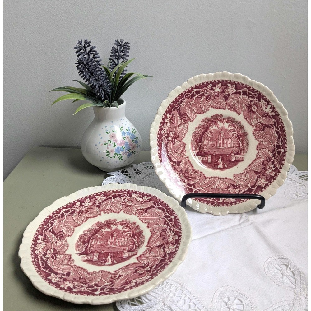 Vintage Mason's Vista Red Plates Set of 2, Ironstone Transferware England